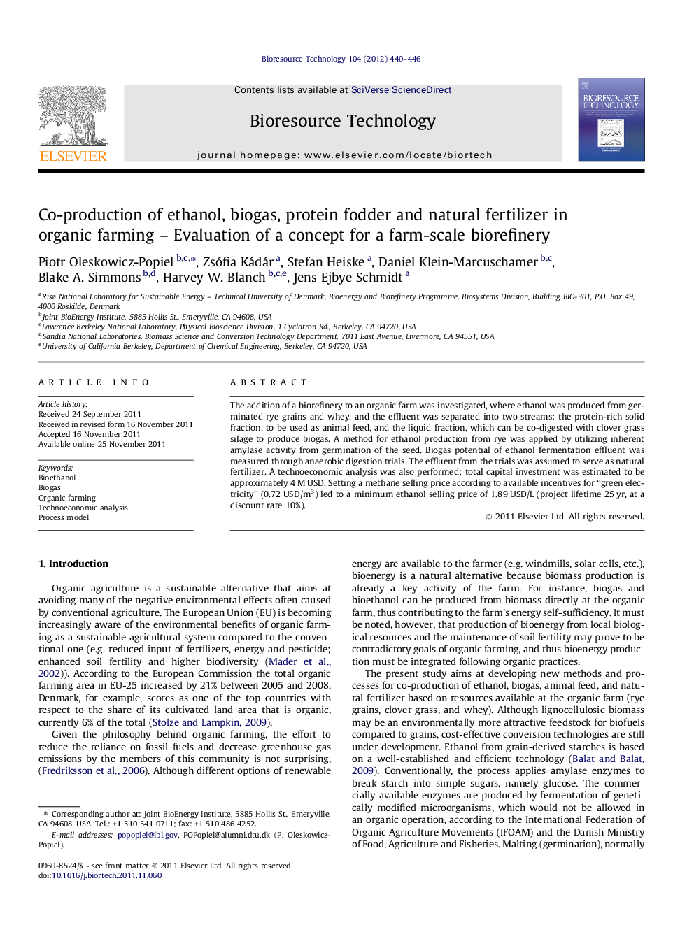 Co-production of ethanol, biogas, protein fodder and natural fertilizer in organic farming - Evaluation of a concept for a farm-scale biorefinery