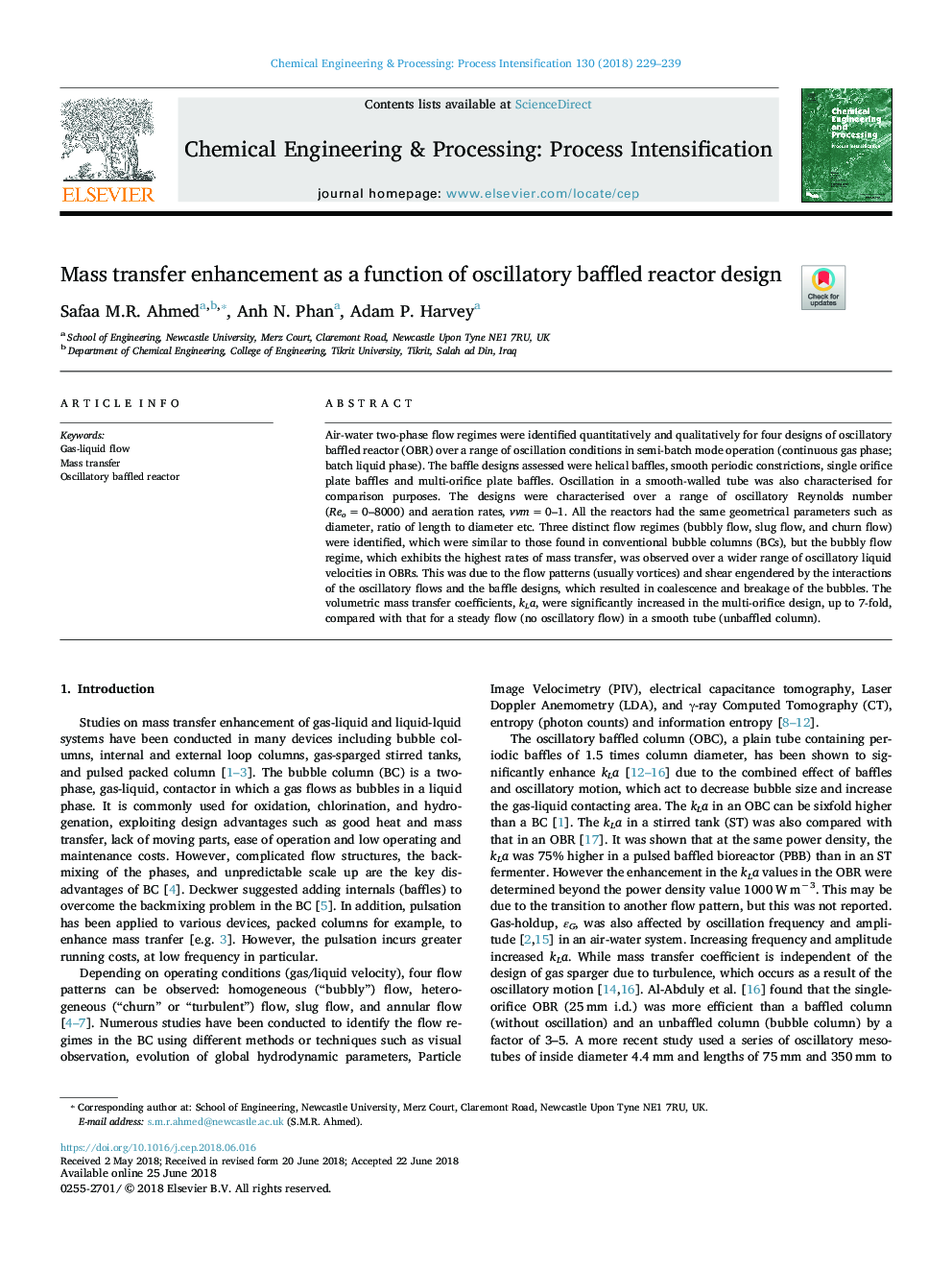 Mass transfer enhancement as a function of oscillatory baffled reactor design