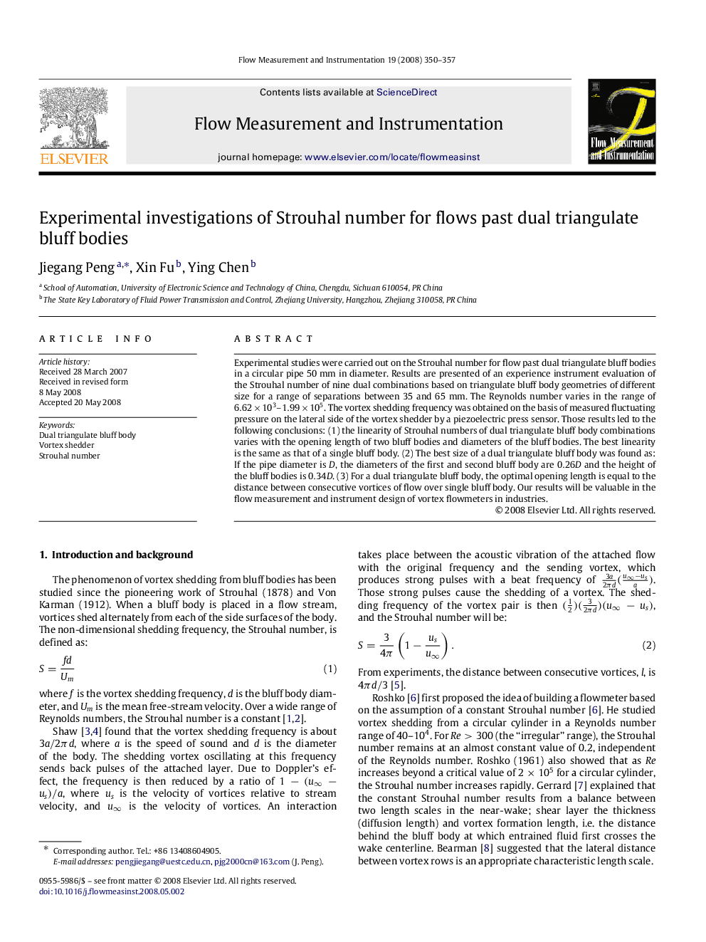 Experimental investigations of Strouhal number for flows past dual triangulate bluff bodies