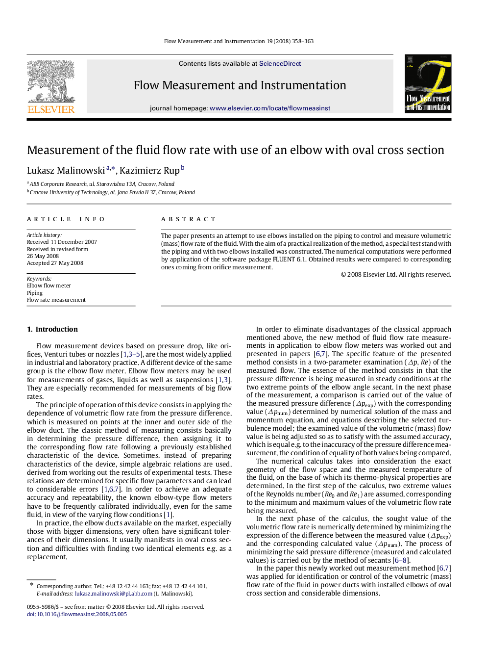 Measurement of the fluid flow rate with use of an elbow with oval cross section