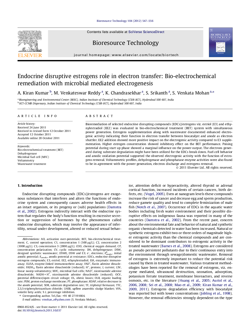 Endocrine disruptive estrogens role in electron transfer: Bio-electrochemical remediation with microbial mediated electrogenesis