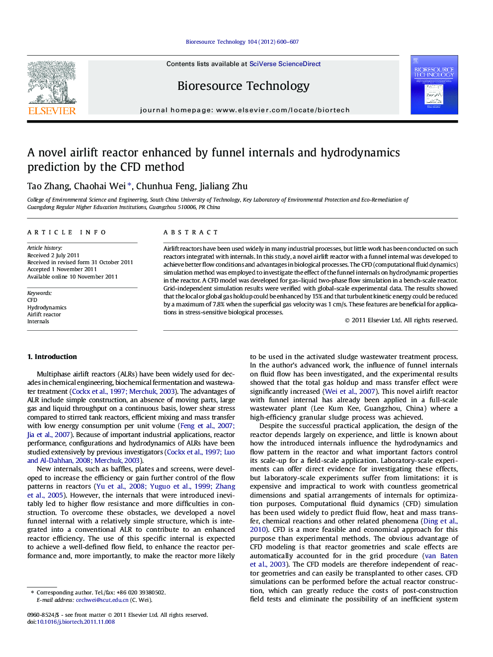 A novel airlift reactor enhanced by funnel internals and hydrodynamics prediction by the CFD method