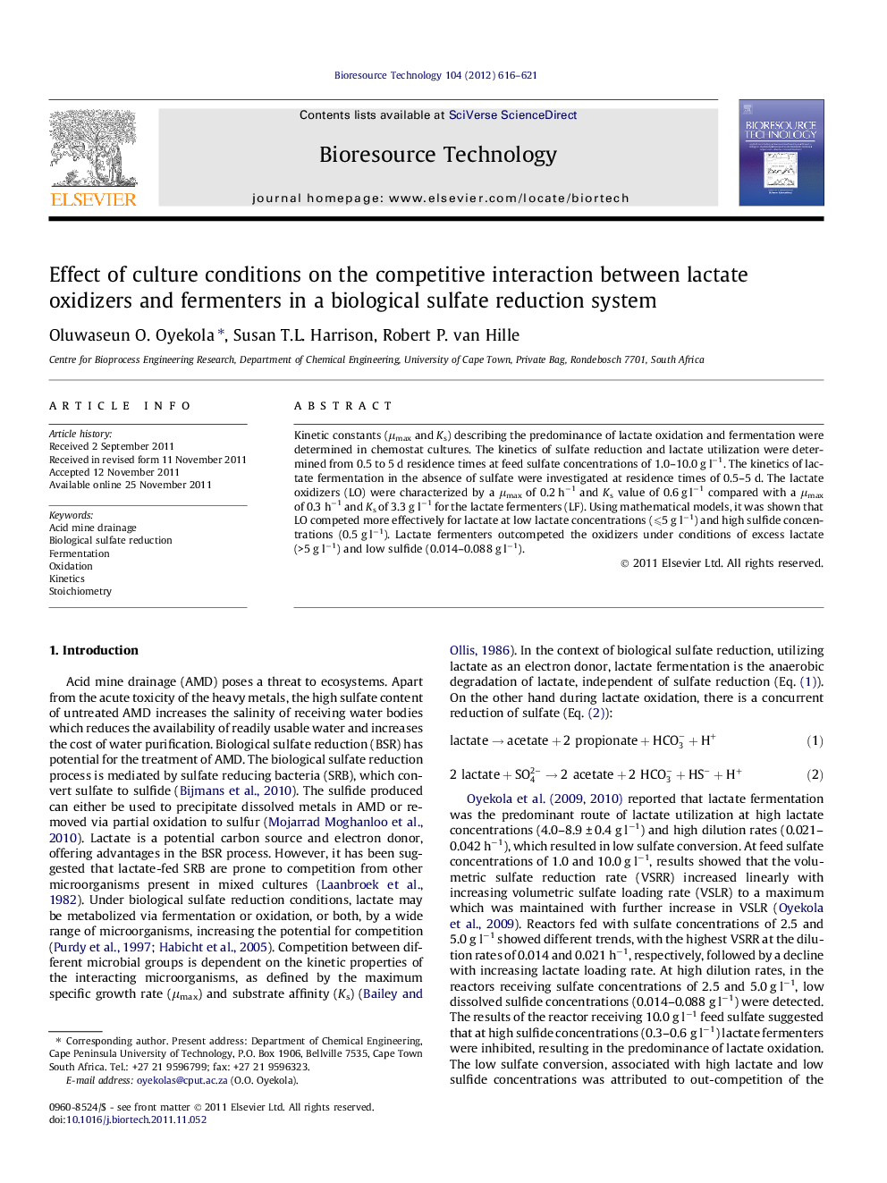 Effect of culture conditions on the competitive interaction between lactate oxidizers and fermenters in a biological sulfate reduction system