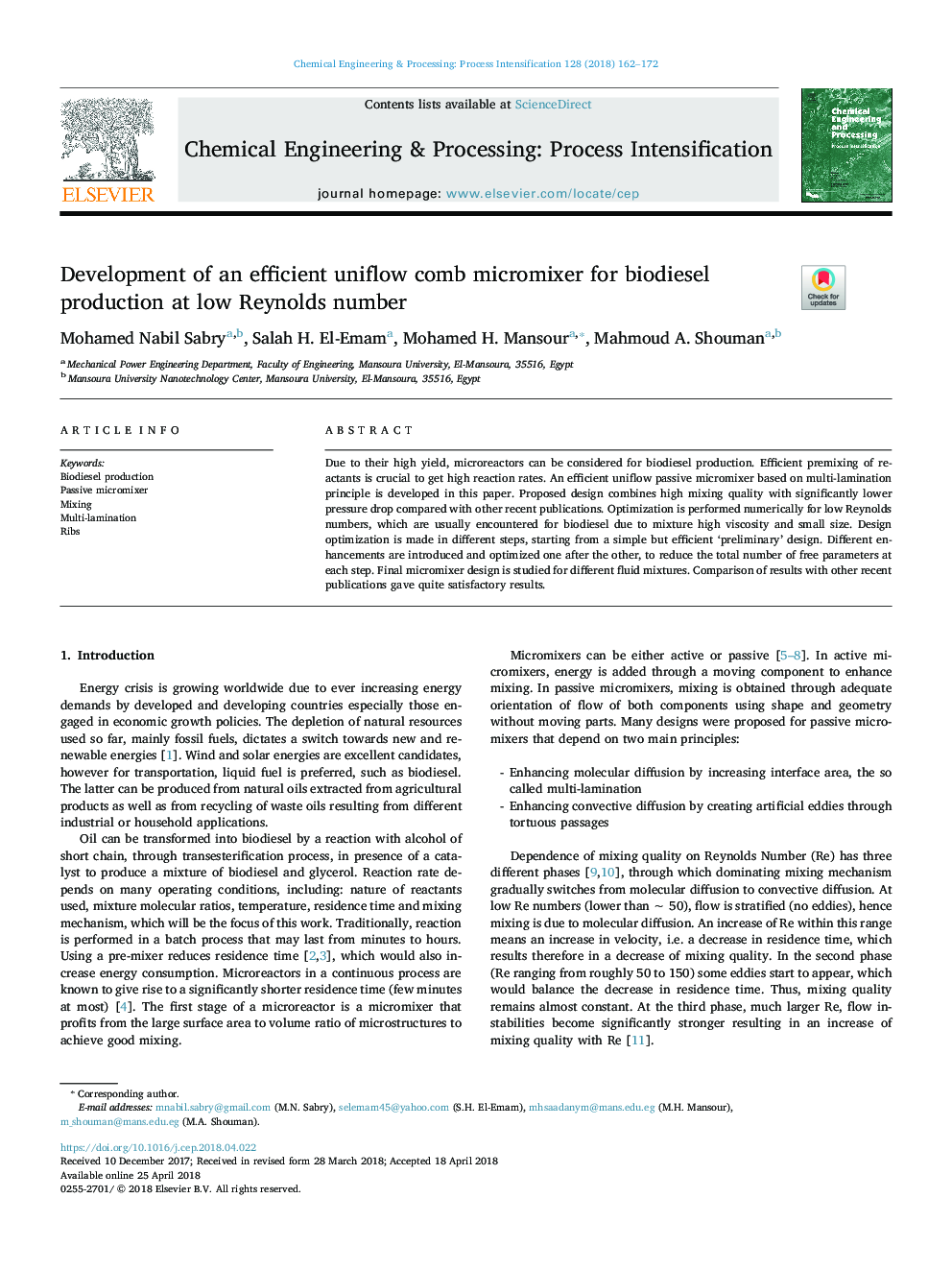 Development of an efficient uniflow comb micromixer for biodiesel production at low Reynolds number