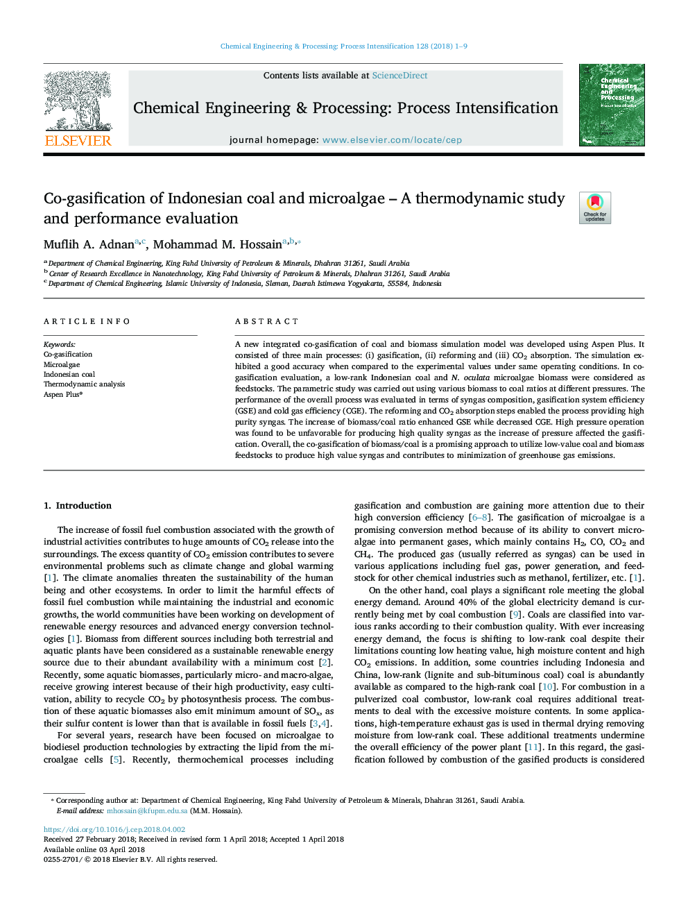 Co-gasification of Indonesian coal and microalgae - A thermodynamic study and performance evaluation