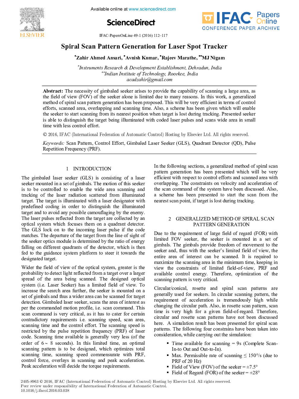 Spiral Scan Pattern Generation for Laser Spot Tracker