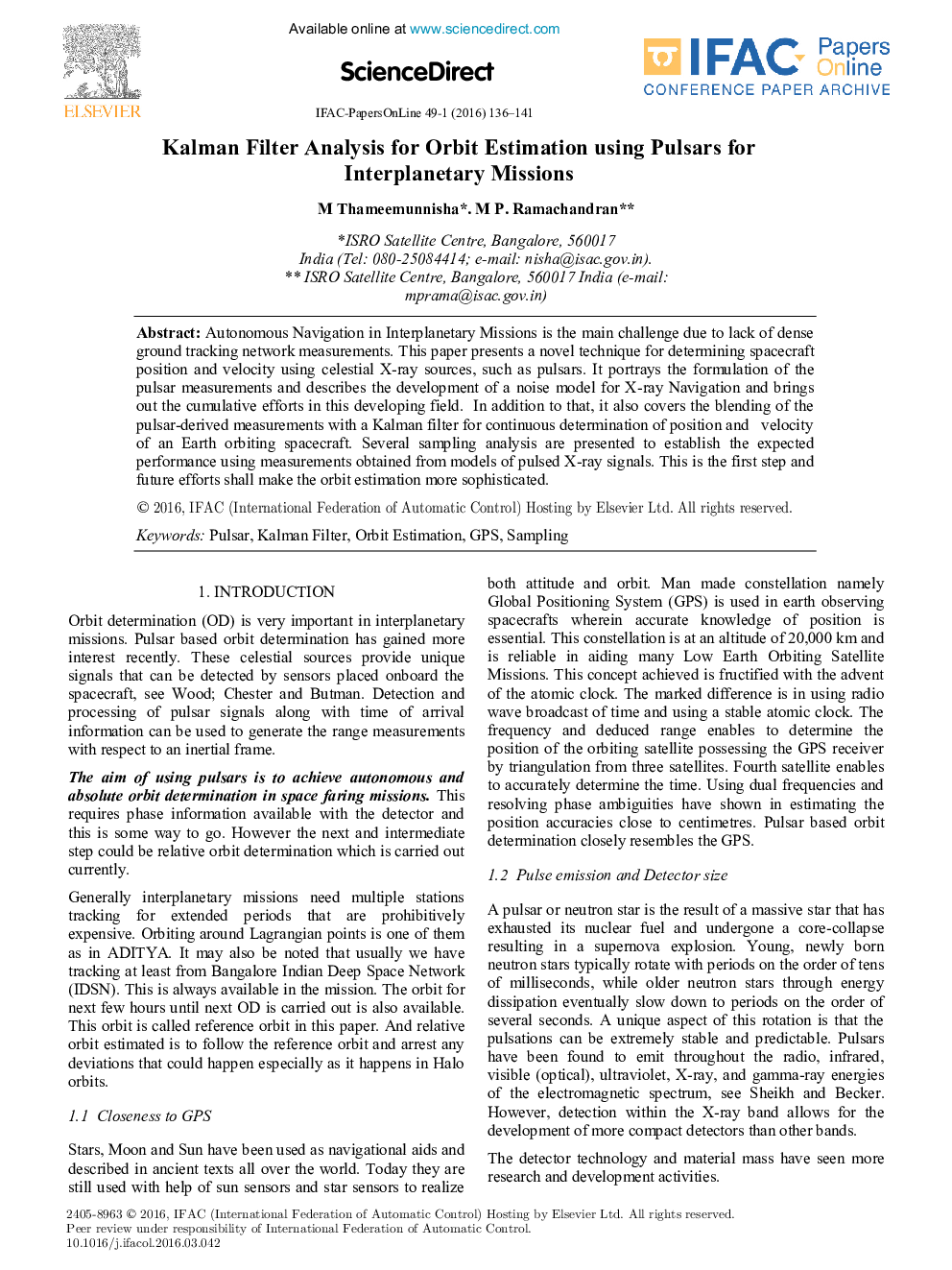 Kalman Filter Analysis for Orbit Estimation using Pulsars for Interplanetary Missions