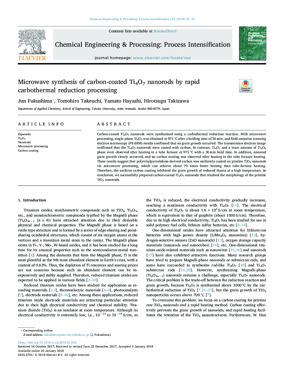 Microwave synthesis of carbon-coated Ti4O7 nanorods by rapid carbothermal reduction processing