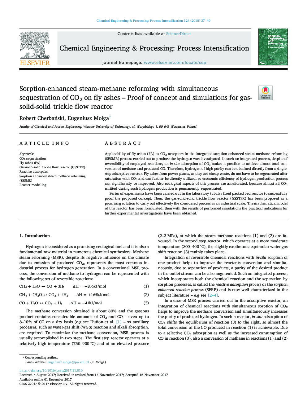 Sorption-enhanced steam-methane reforming with simultaneous sequestration of CO2 on fly ashes - Proof of concept and simulations for gas-solid-solid trickle flow reactor