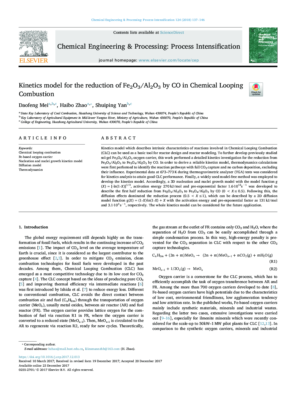 Kinetics model for the reduction of Fe2O3/Al2O3 by CO in Chemical Looping Combustion
