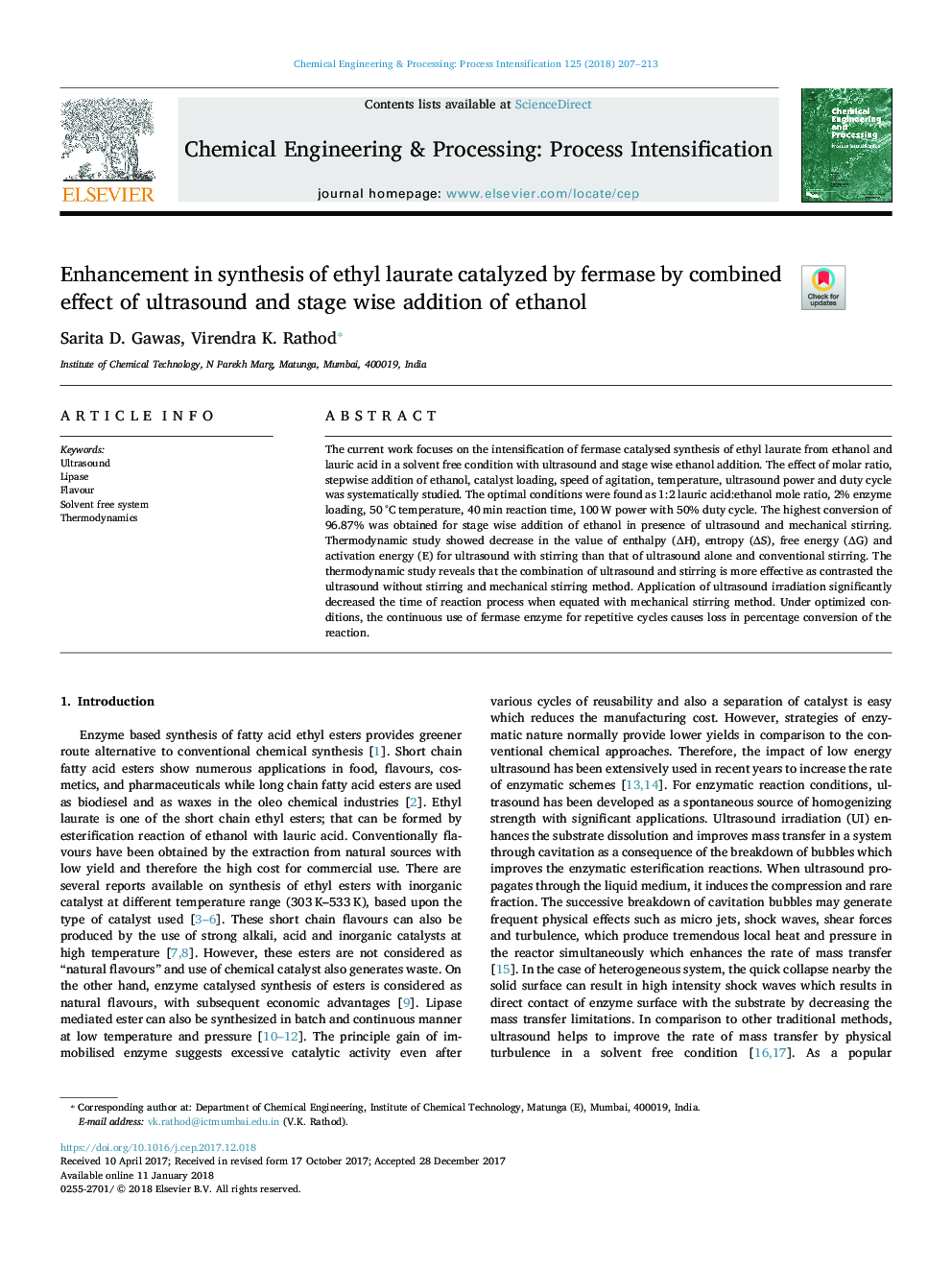 Enhancement in synthesis of ethyl laurate catalyzed by fermase by combined effect of ultrasound and stage wise addition of ethanol