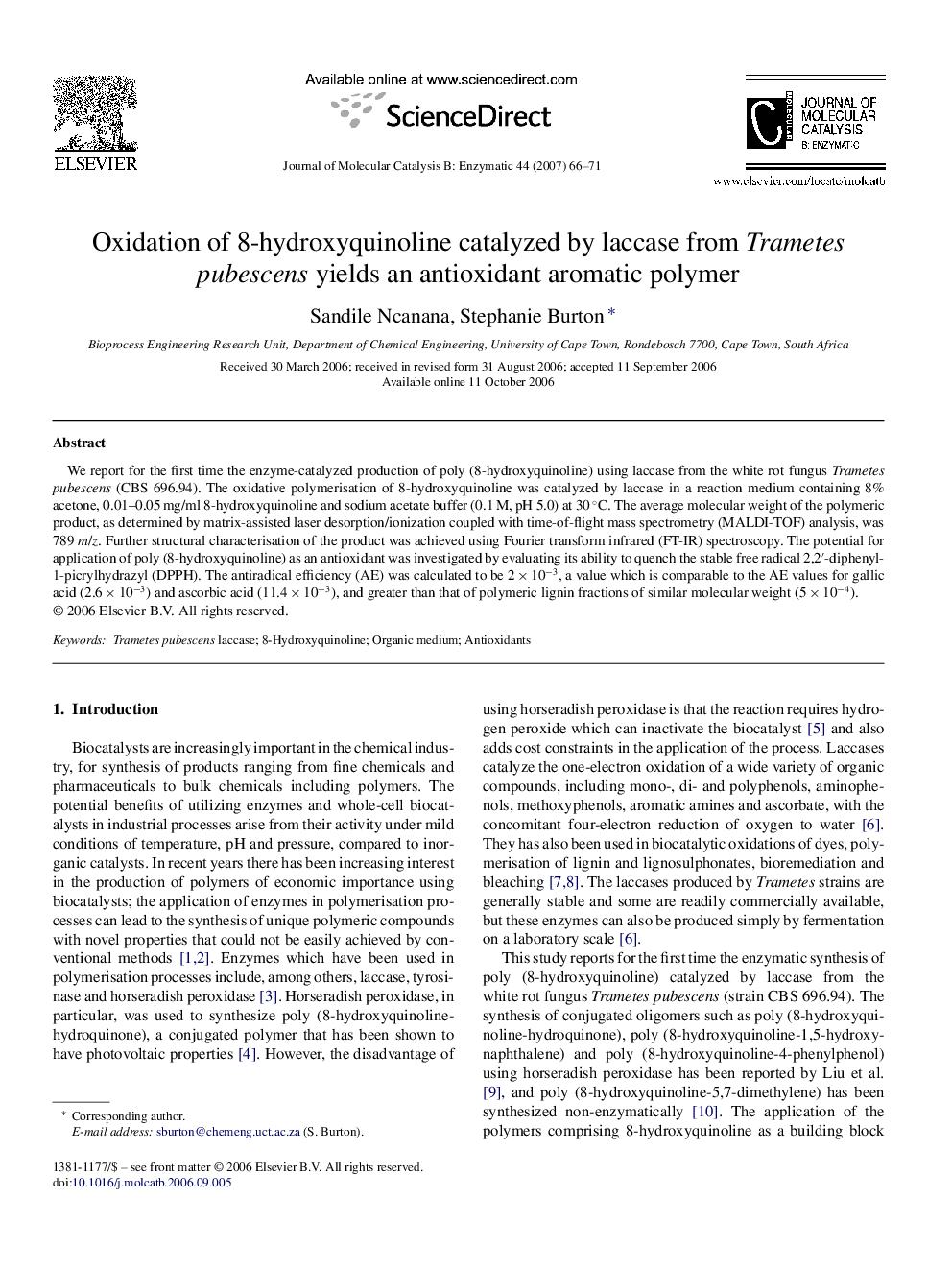 Oxidation of 8-hydroxyquinoline catalyzed by laccase from Trametes pubescens yields an antioxidant aromatic polymer