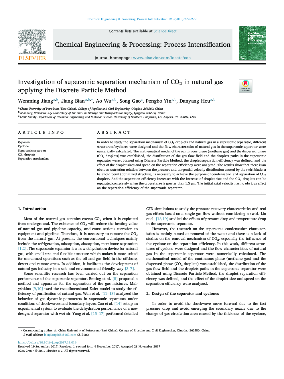 Investigation of supersonic separation mechanism of CO2 in natural gas applying the Discrete Particle Method