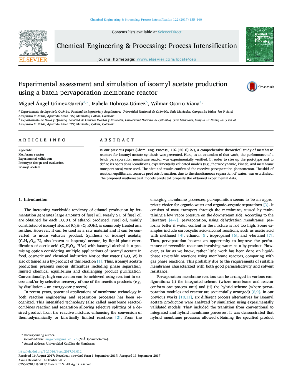 Experimental assessment and simulation of isoamyl acetate production using a batch pervaporation membrane reactor