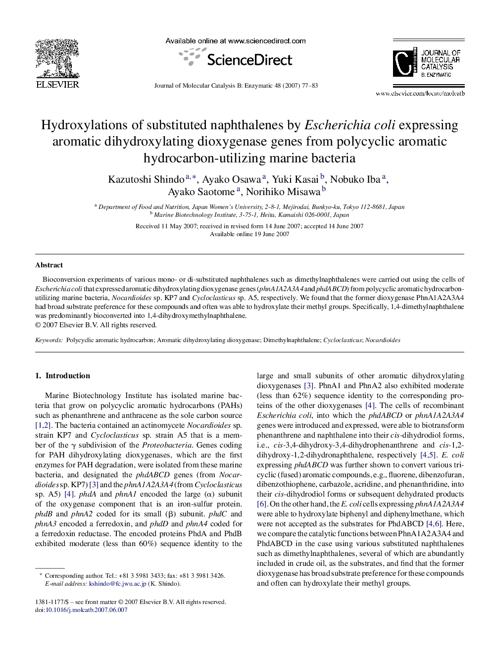 Hydroxylations of substituted naphthalenes by Escherichia coli expressing aromatic dihydroxylating dioxygenase genes from polycyclic aromatic hydrocarbon-utilizing marine bacteria