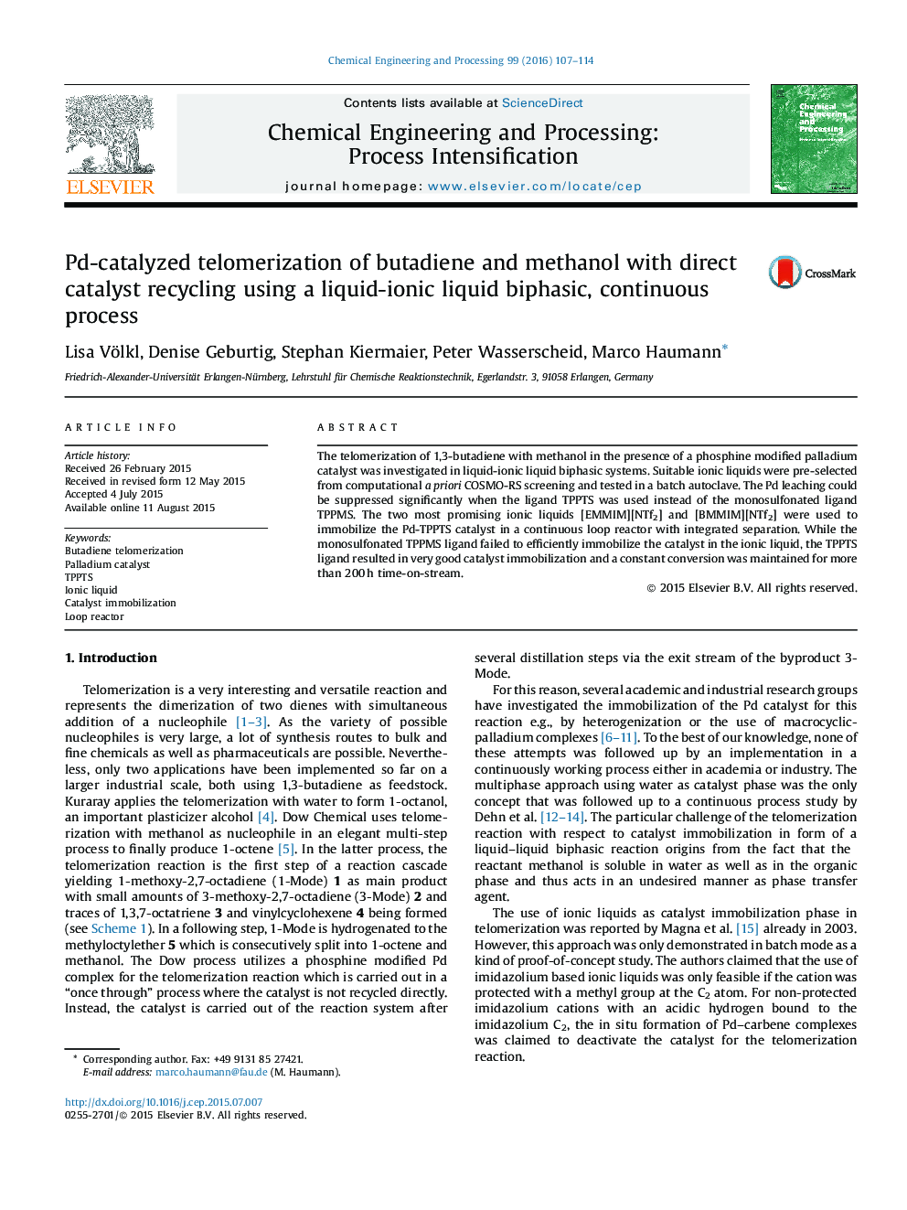 Pd-catalyzed telomerization of butadiene and methanol with direct catalyst recycling using a liquid-ionic liquid biphasic, continuous process