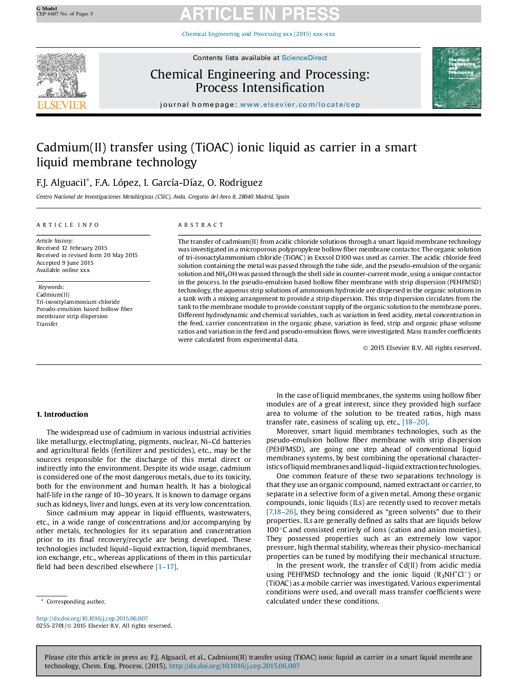 Cadmium(II) transfer using (TiOAC) ionic liquid as carrier in a smart liquid membrane technology