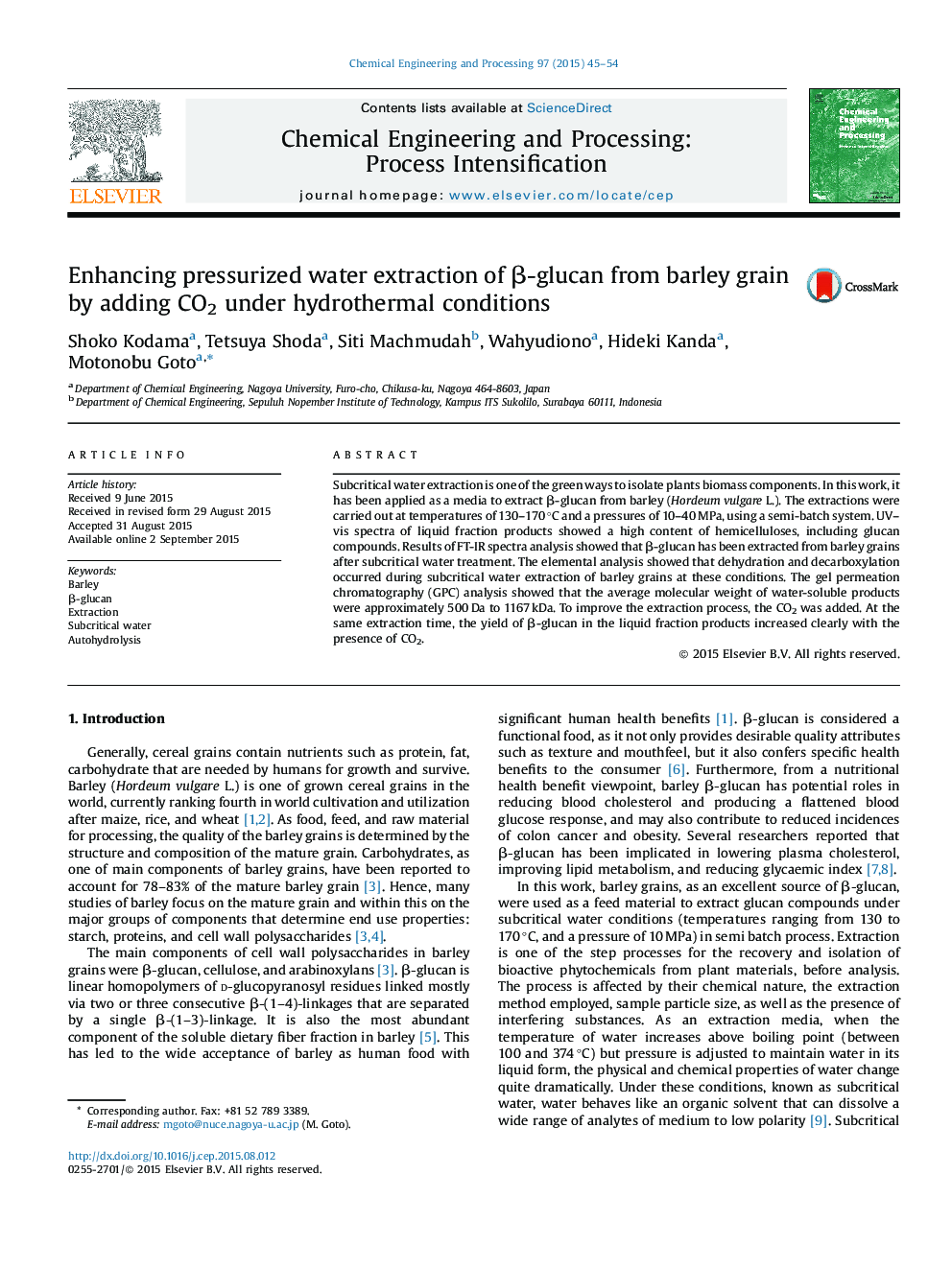 Enhancing pressurized water extraction of Î²-glucan from barley grain by adding CO2 under hydrothermal conditions