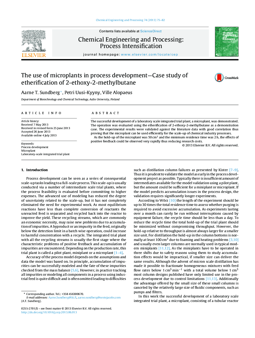 The use of microplants in process development-Case study of etherification of 2-ethoxy-2-methylbutane