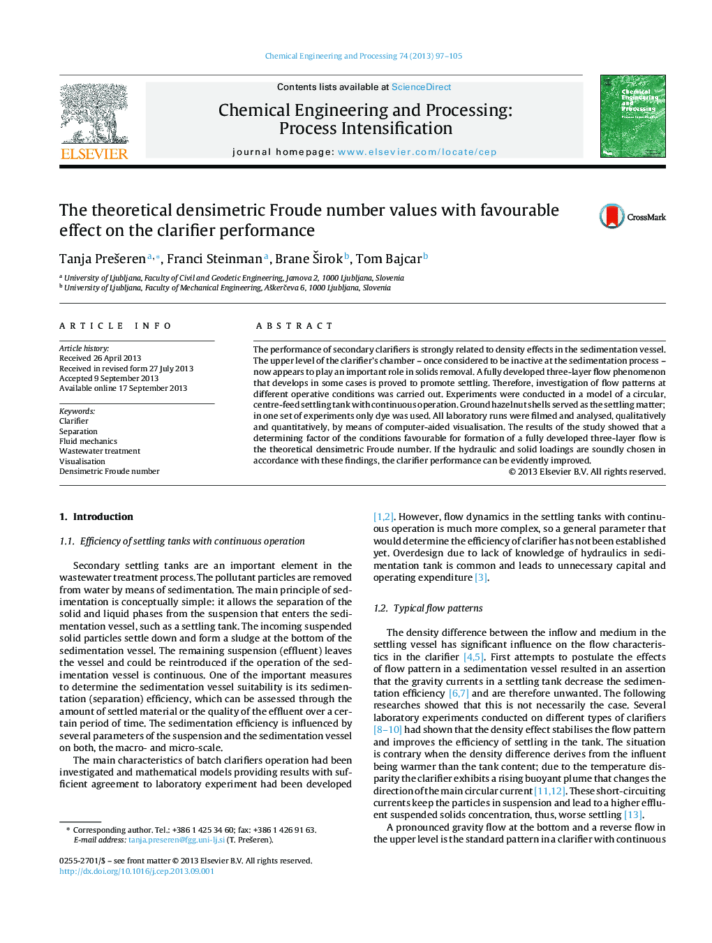 The theoretical densimetric Froude number values with favourable effect on the clarifier performance