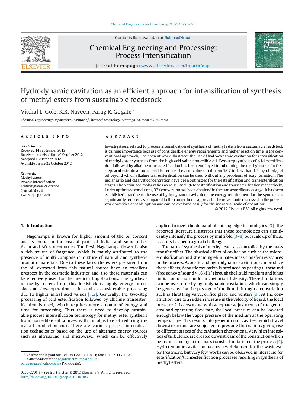 Hydrodynamic cavitation as an efficient approach for intensification of synthesis of methyl esters from sustainable feedstock