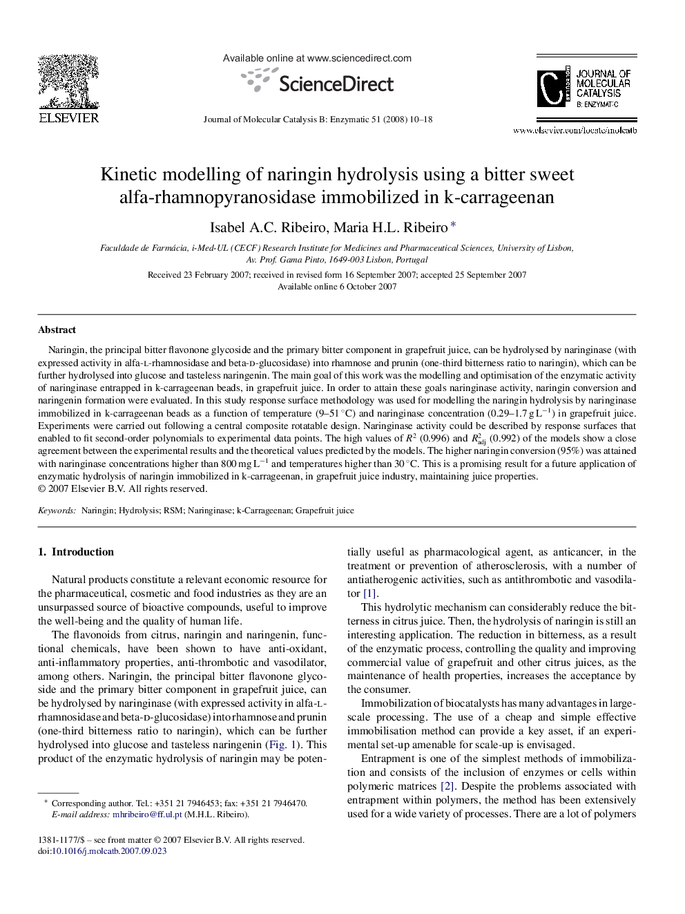 Kinetic modelling of naringin hydrolysis using a bitter sweet alfa-rhamnopyranosidase immobilized in k-carrageenan