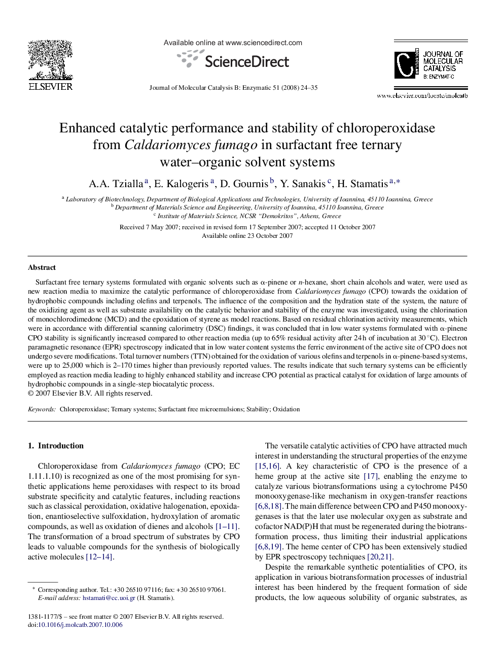 Enhanced catalytic performance and stability of chloroperoxidase from Caldariomyces fumago in surfactant free ternary water–organic solvent systems