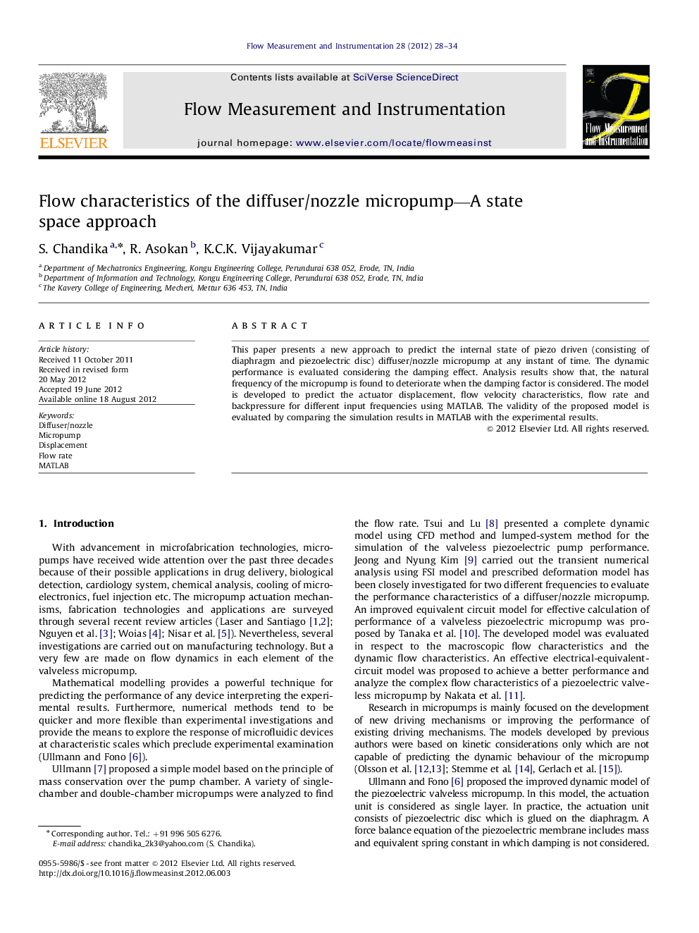 Flow characteristics of the diffuser/nozzle micropump—A state space approach