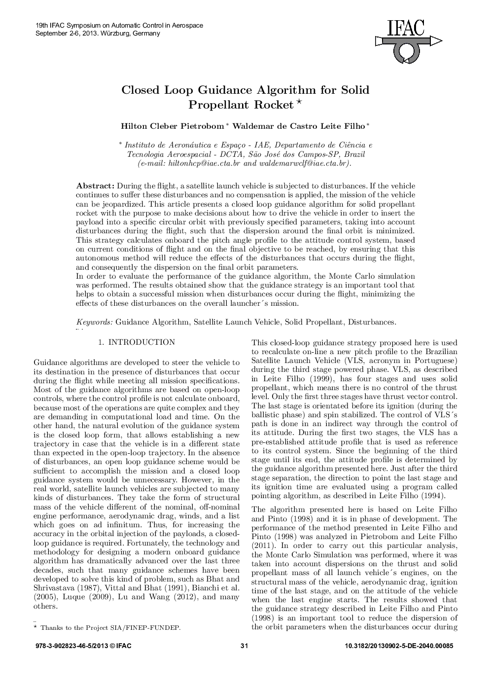 Closed Loop Guidance Algorithm for Solid Propellant Rocket*