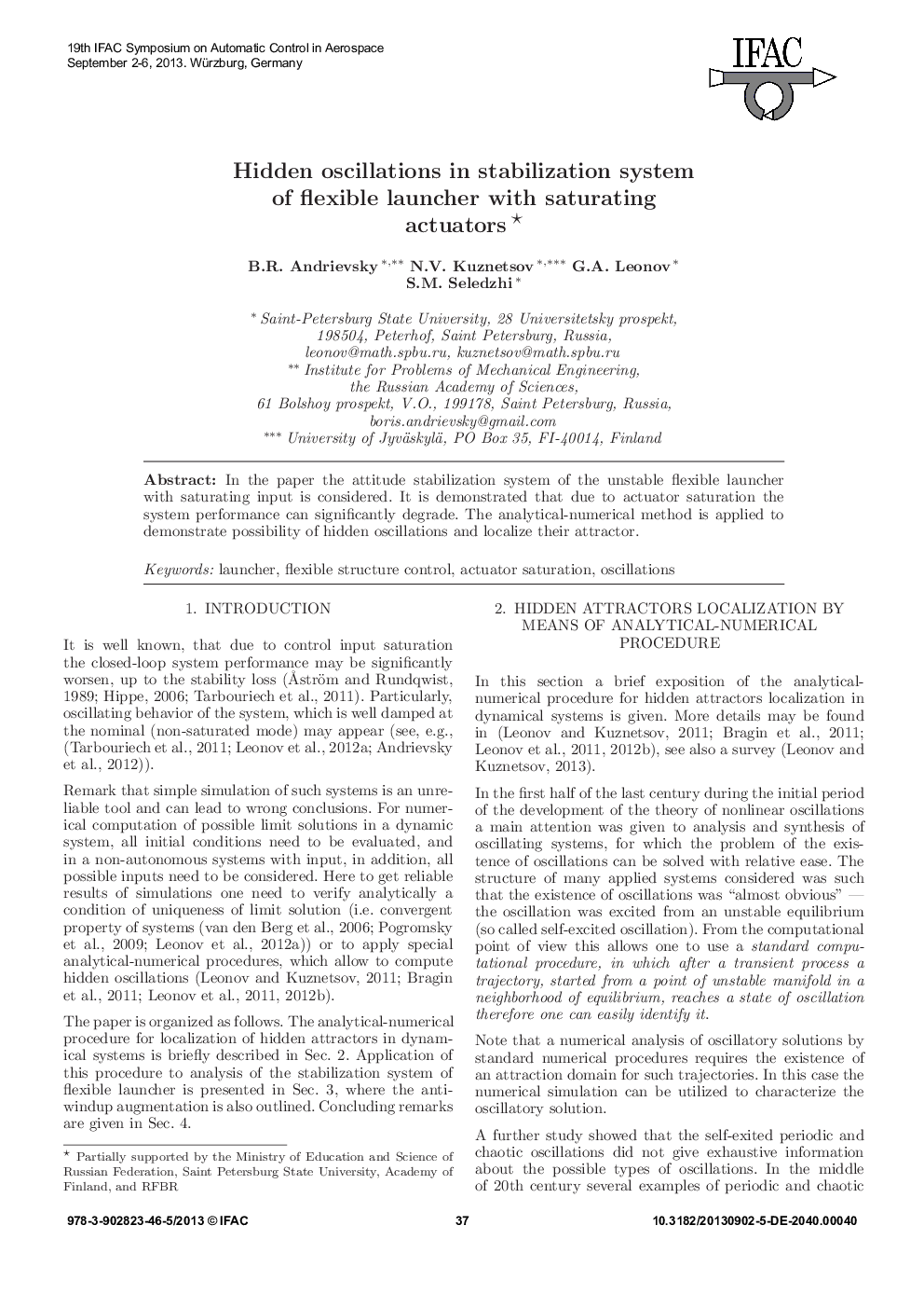 عکس صفحه اول مقاله: Hidden oscillations in stabilization system of flexible launcher with saturating actuators* Hidden oscillations in stabilization system of flexible launcher with saturating actuators*