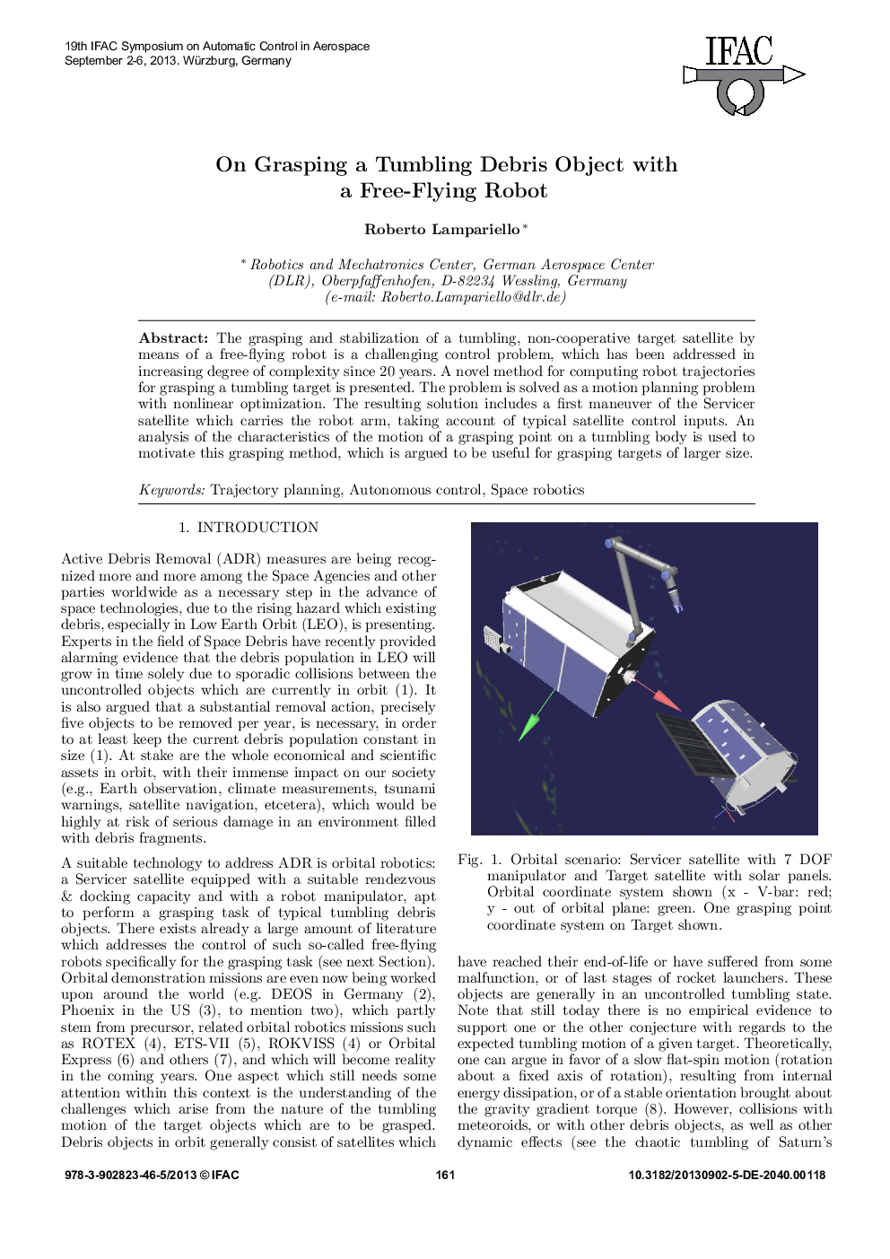 On Grasping a Tumbling Debris Object with a Free-Flying Robot