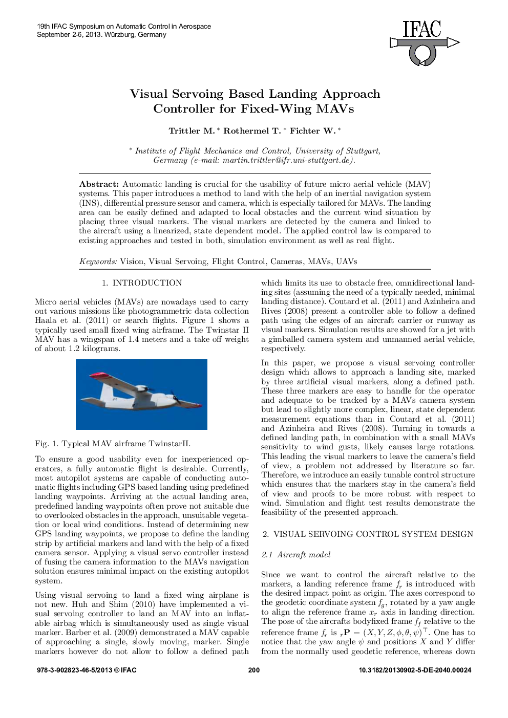 Visual Servoing Based Landing Approach Controller for Fixed-Wing MAVs