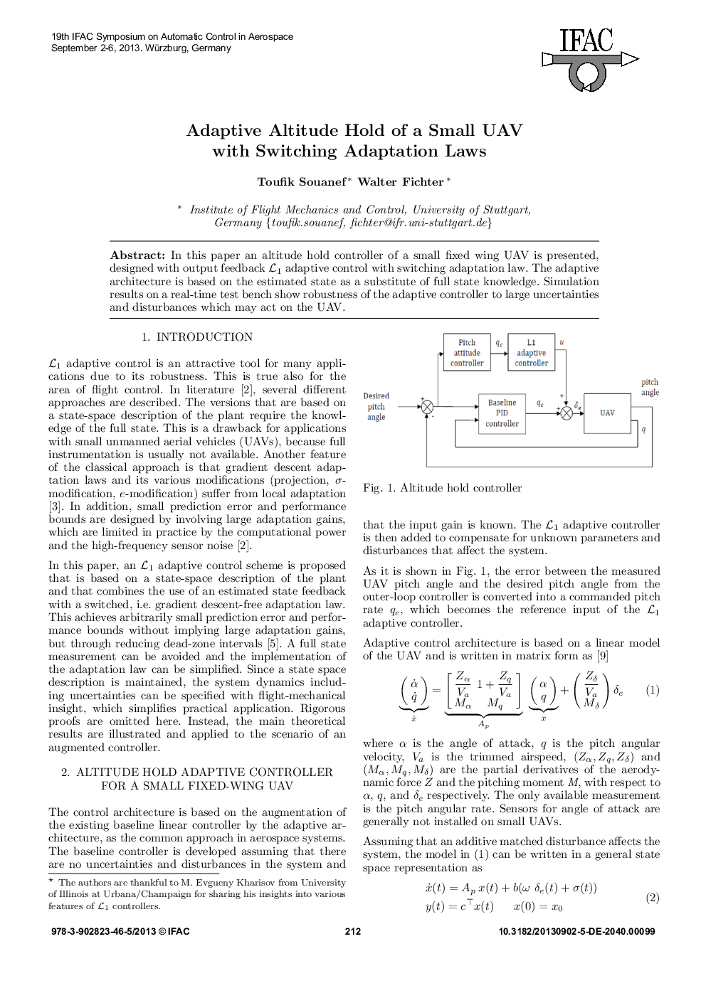 Adaptive Altitude Hold of a Small UAV with Switching Adaptation Laws 