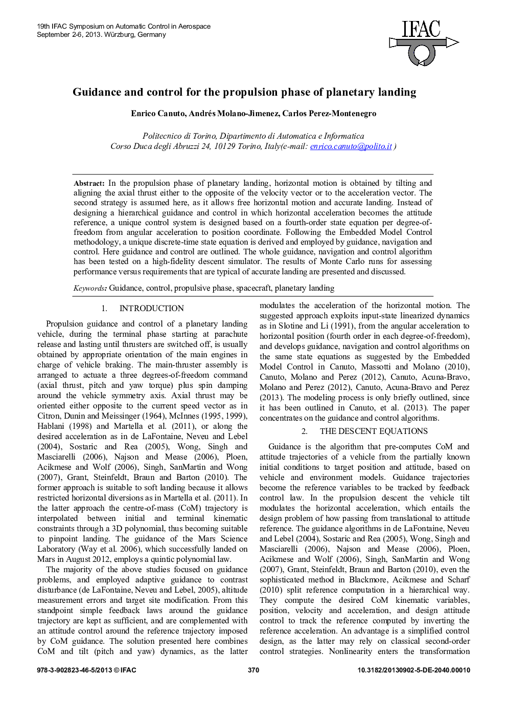 Guidance and control for the propulsion phase of planetary landing