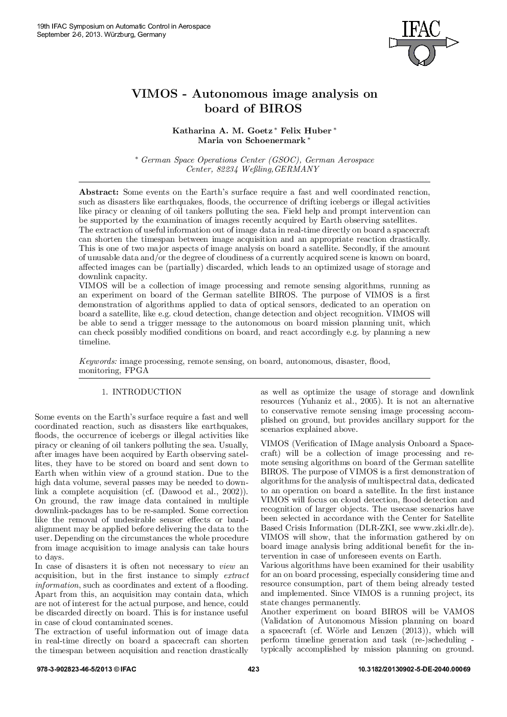 VIMOS - Autonomous image analysis on board of BIROS