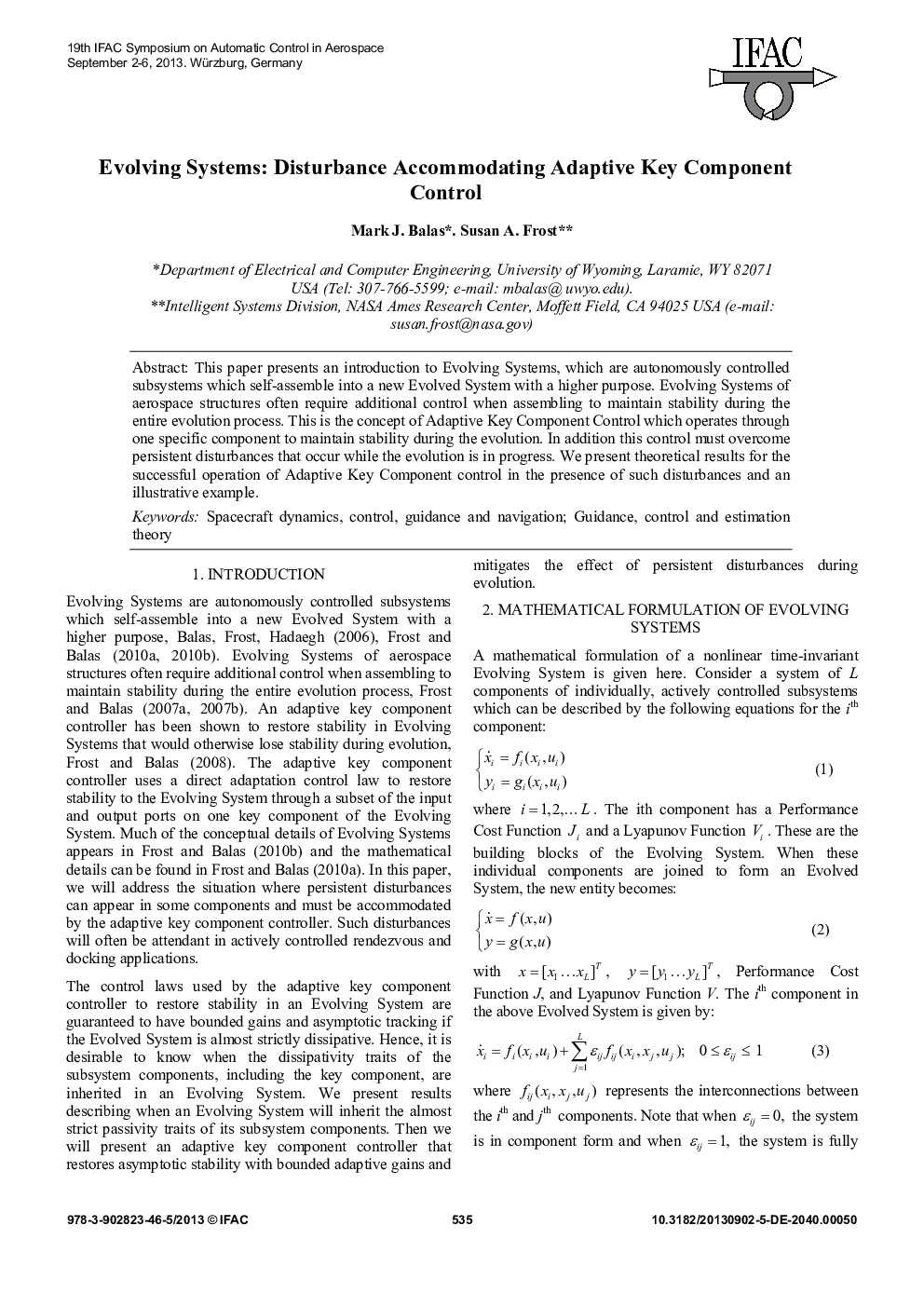 عکس صفحه اول مقاله: Evolving Systems: Disturbance Accommodating Adaptive Key Component Control Evolving Systems: Disturbance Accommodating Adaptive Key Component Control