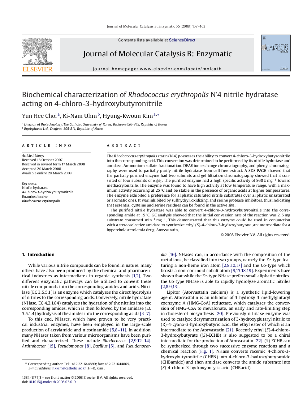 Biochemical characterization of Rhodococcus erythropolis N′4 nitrile hydratase acting on 4-chloro-3-hydroxybutyronitrile