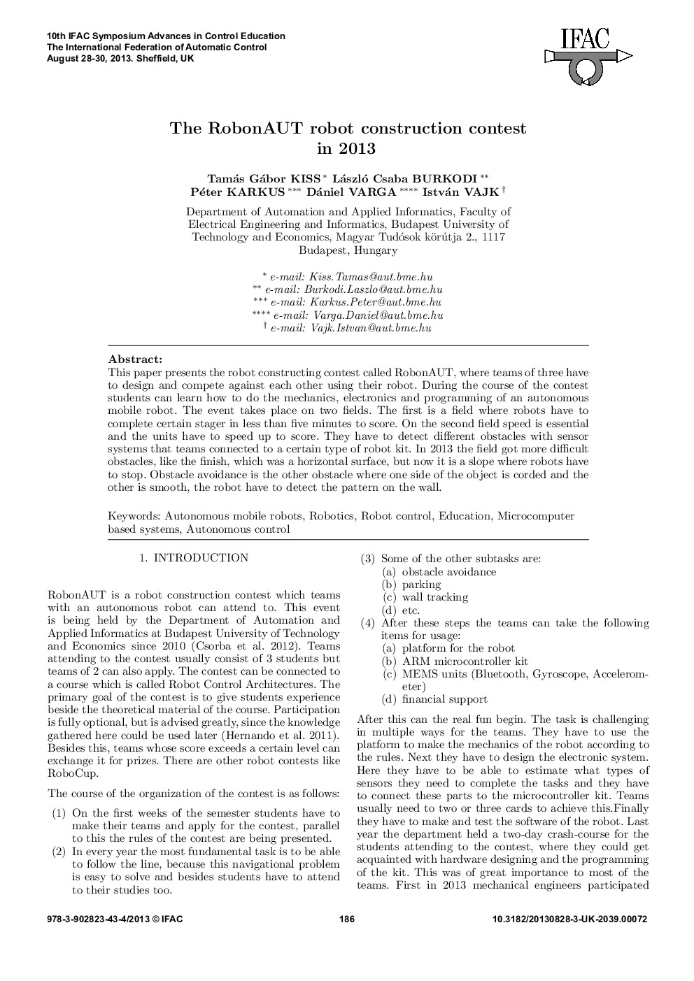 The RobonAUT robot construction contest in 2013