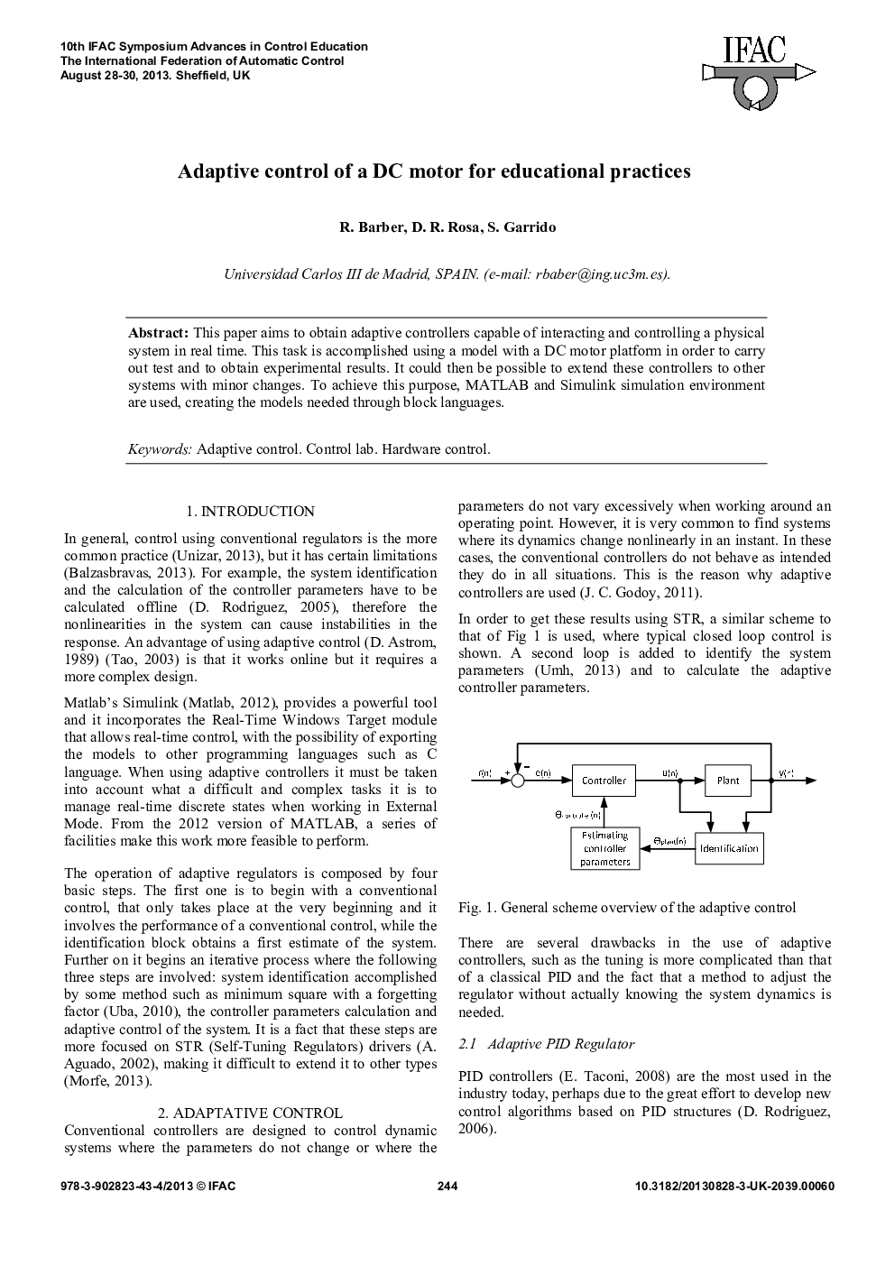 Adaptive control of a DC motor for educational practices