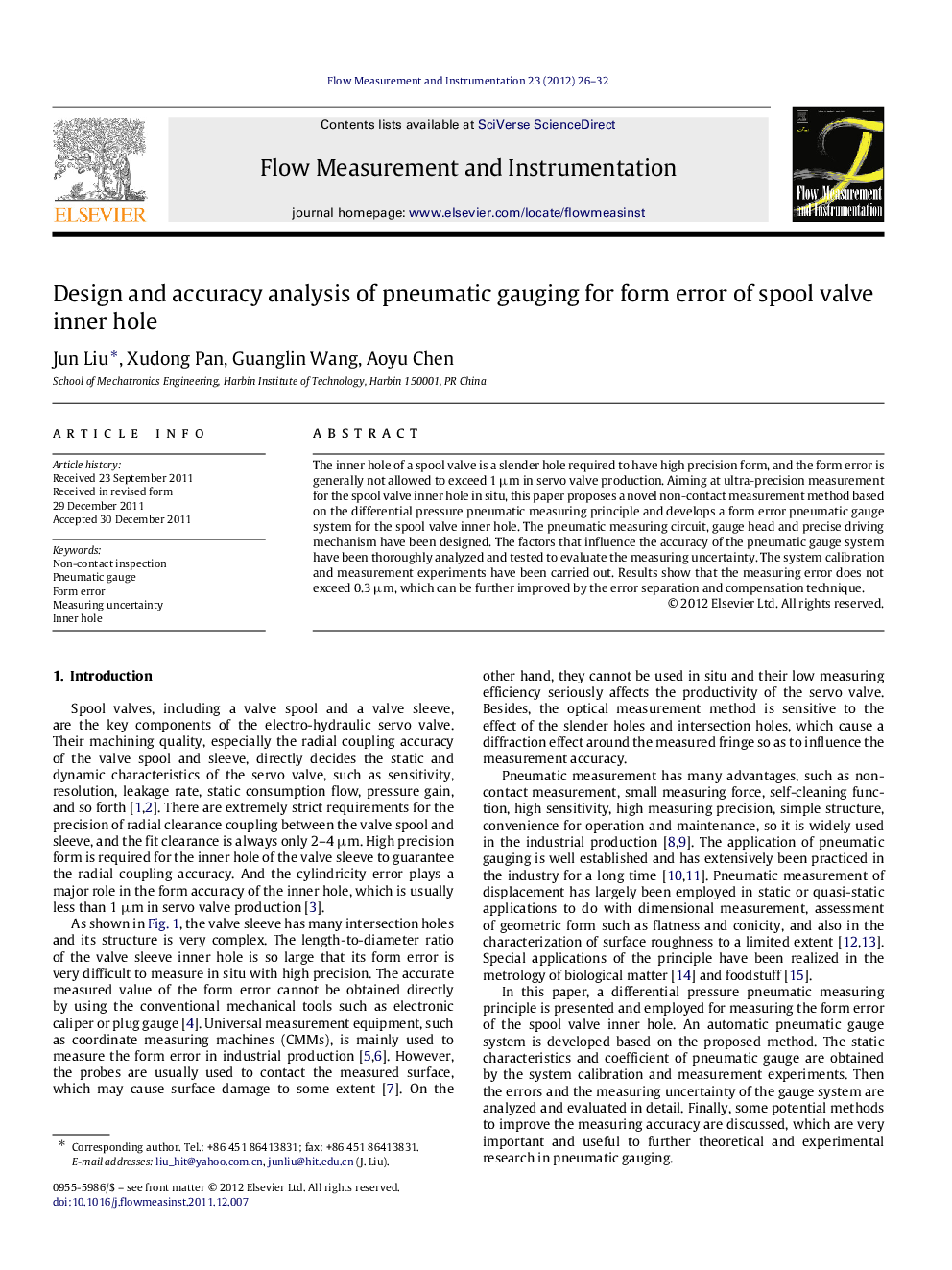 Design and accuracy analysis of pneumatic gauging for form error of spool valve inner hole