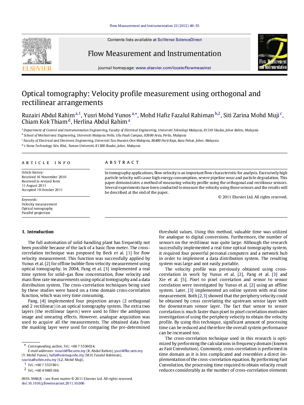 عکس صفحه اول مقاله: Optical tomography: Velocity profile measurement using orthogonal and rectilinear arrangements Optical tomography: Velocity profile measurement using orthogonal and rectilinear arrangements