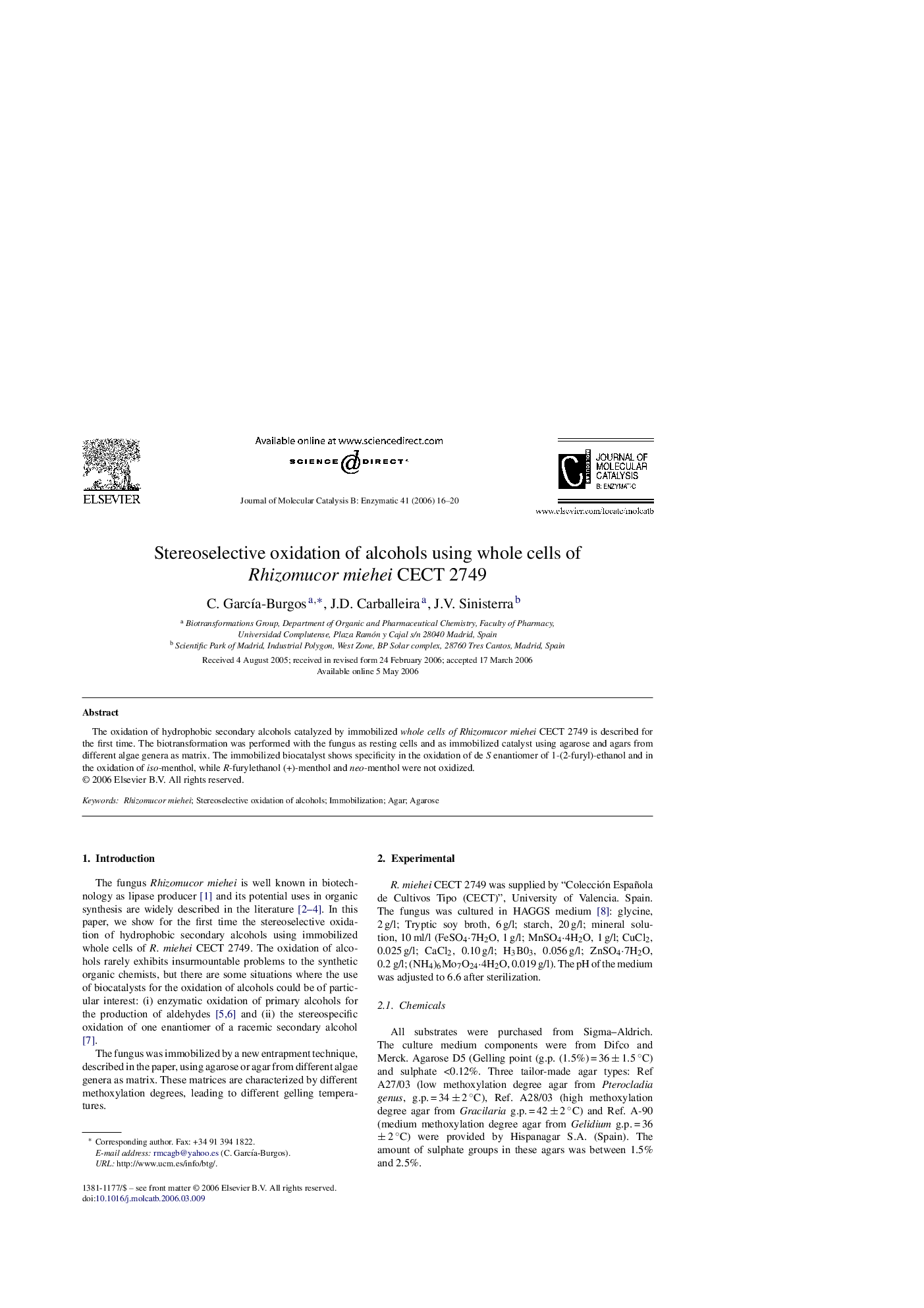 Stereoselective oxidation of alcohols using whole cells of Rhizomucor miehei CECT 2749