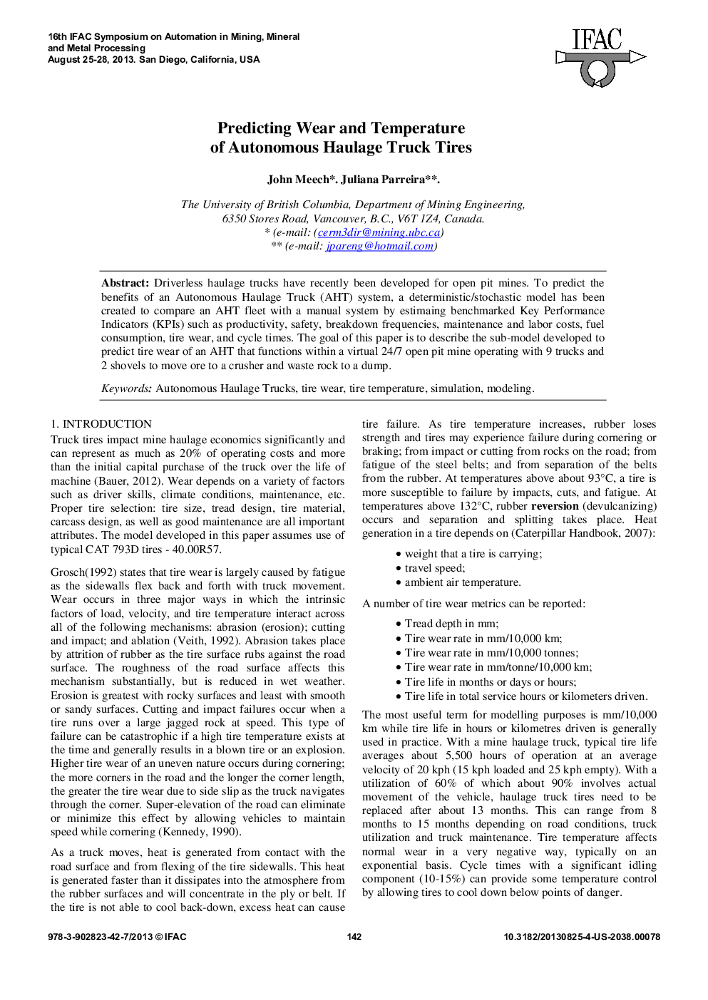 Predicting Wear and Temperature of Autonomous Haulage Truck Tires