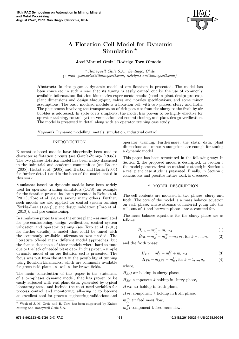 A Flotation Cell Model for Dynamic Simulation 
