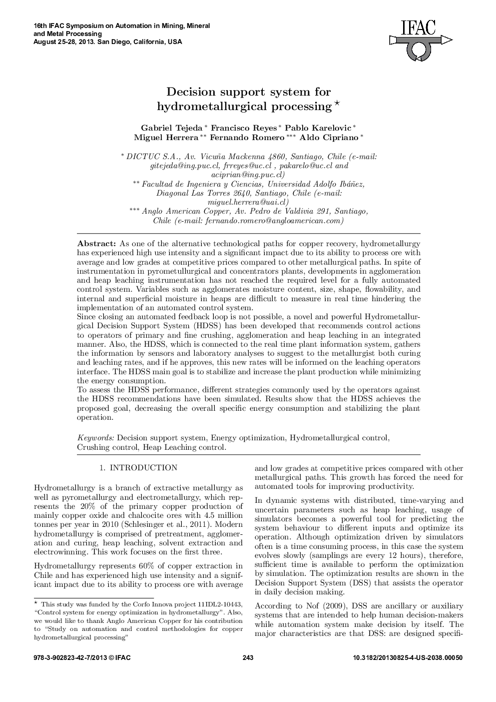 Decision support system for hydrometallurgical processing 
