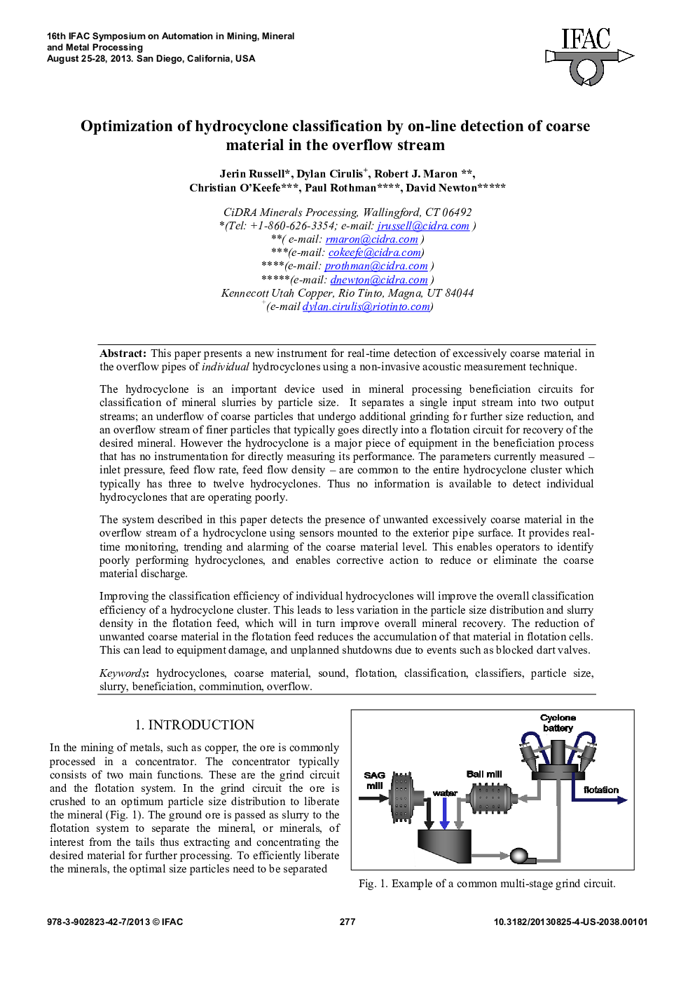 Optimization of hydrocyclone classification by on-line detection of coarse material in the overflow stream