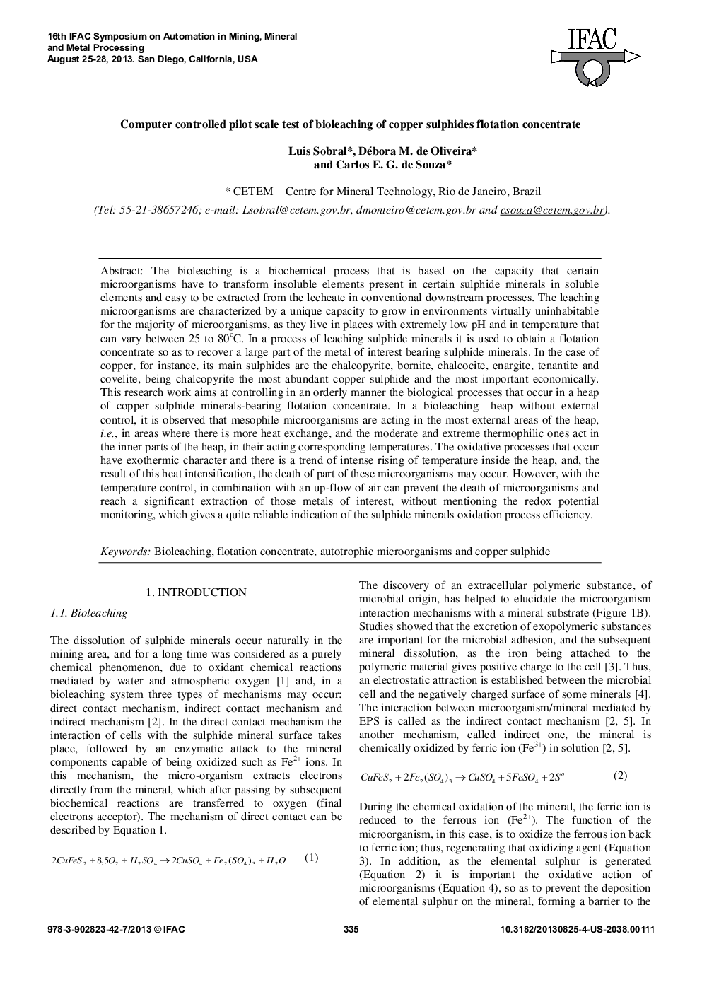 Computer controlled pilot scale test of bioleaching of copper sulphides flotation concentrate