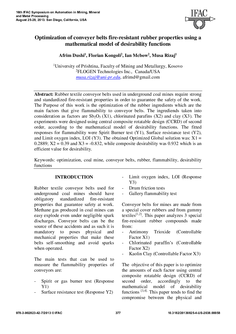 Optimization of conveyer belts fire-resistant rubber properties using a mathematical model of desirability functions