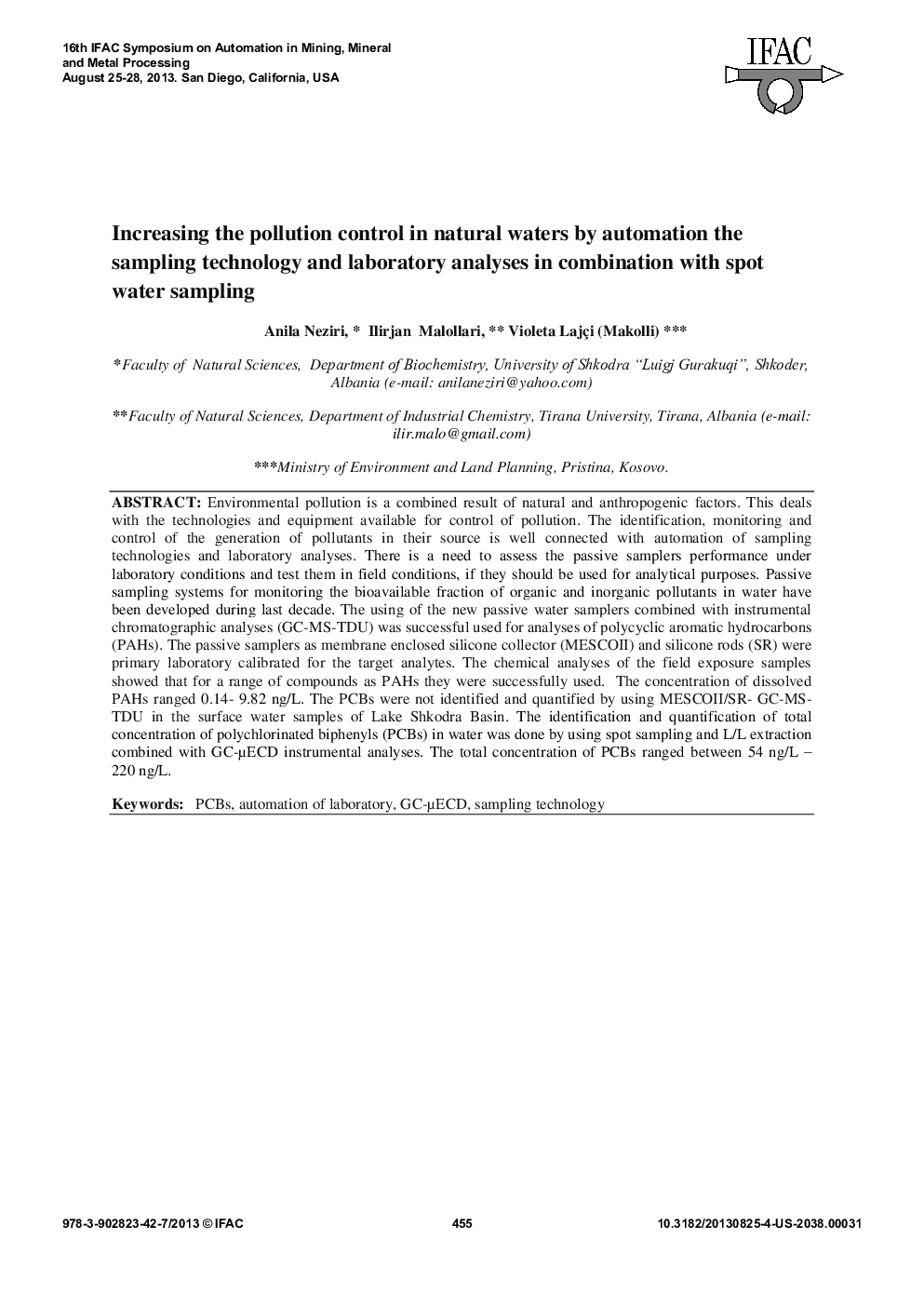Increasing the pollution control in natural waters by automation the sampling technology and laboratory analyses in combination with spot water sampling