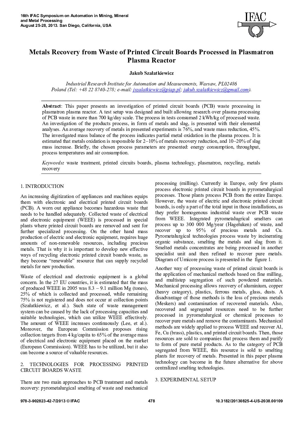Metals Recovery from Waste of Printed Circuit Boards Processed in Plasmatron Plasma Reactor